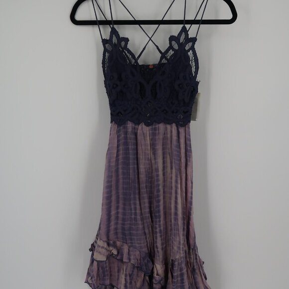 Free People Dress Lace Top Frilled Bottom Dress Blue on Top Purple Bottom XL - Picture 3 of 9